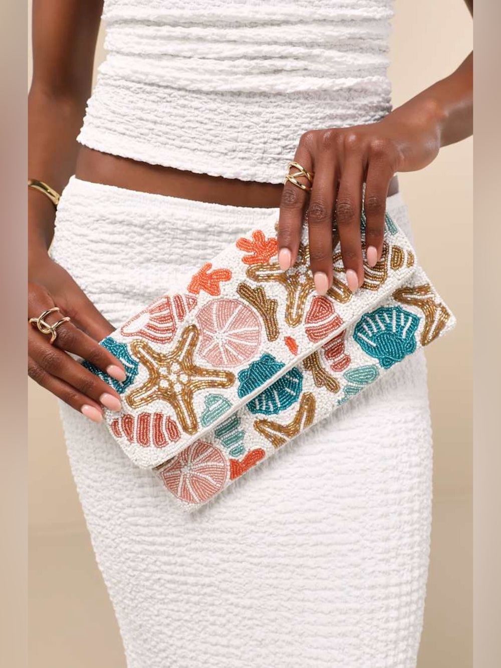 Lulus Pelagia White Multi Seashell Beaded Clutch